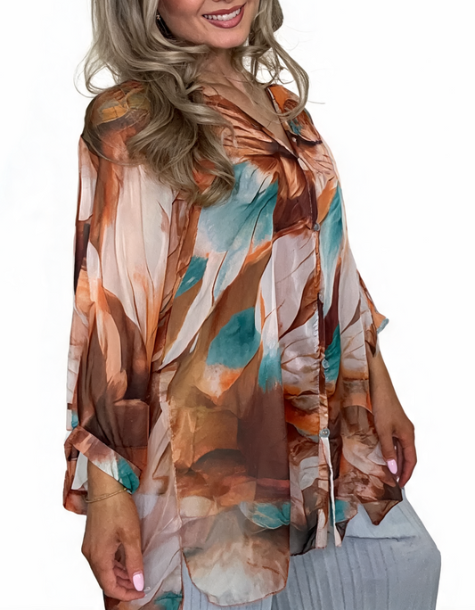 Sheer Abstract Print Button-Up Blouse, Watercolour Chiffon Shirt - Beige