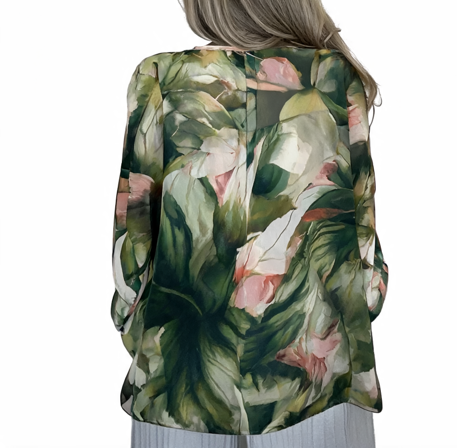 Sheer Abstract Print Button-Up Blouse, Watercolour Chiffon Shirt - Khaki