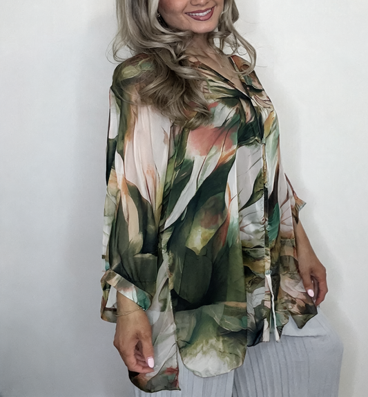 Sheer Abstract Print Button-Up Blouse, Watercolour Chiffon Shirt - Khaki