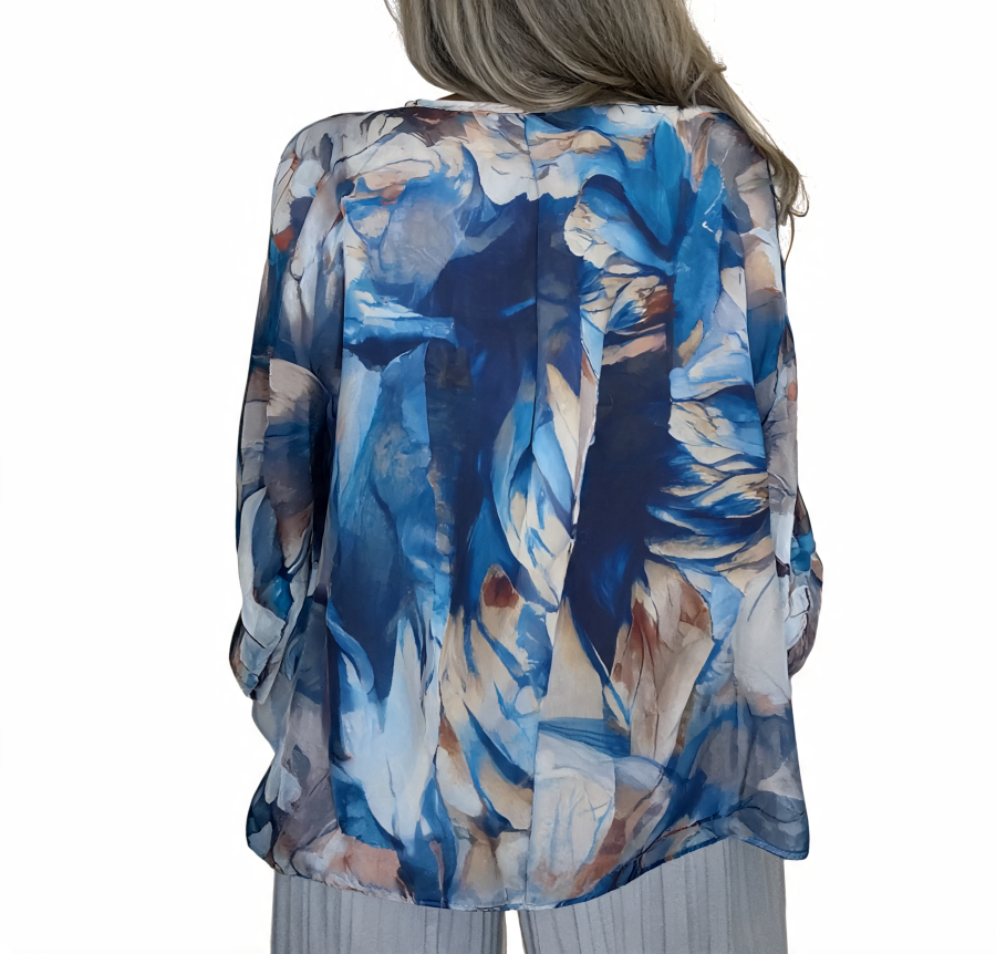 T-shirt met korte mouwen van bloemenkant en botanische print - Marineblauw
