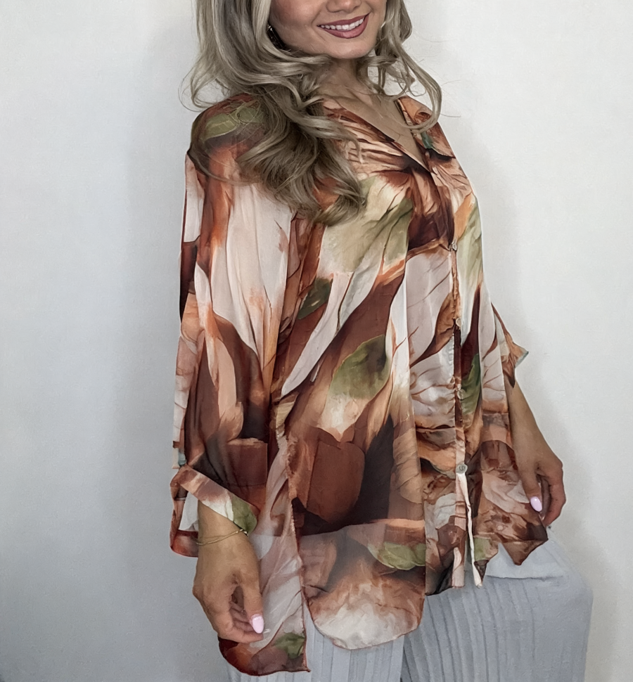 T-shirt met korte mouwen van bloemenkant en botanische print - Marineblauw