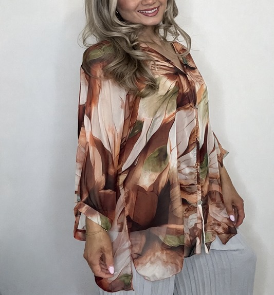 Sheer Abstract Print Button-Up Blouse, Watercolour Chiffon Shirt - Brown