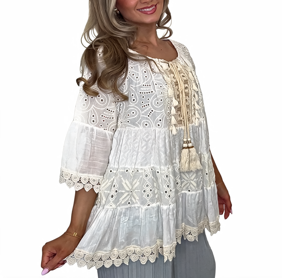 Boho Broderie Anglaise Tassel Tie Top Crochet Lace Tiered Blouse - White