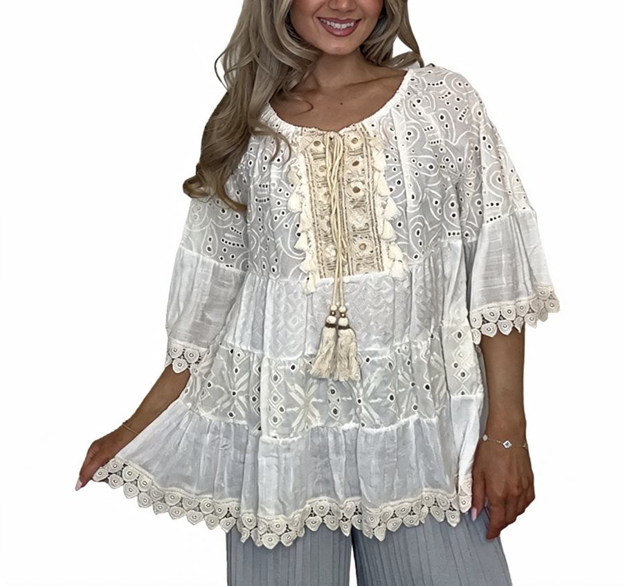 Boho Broderie Anglaise Tassel Tie Top Crochet Lace Tiered Blouse - White