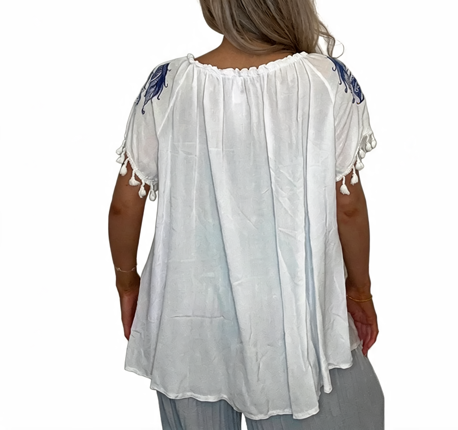 Dreamcatcher Print Bardot Top | Boho Feather Graphic Blouse - White