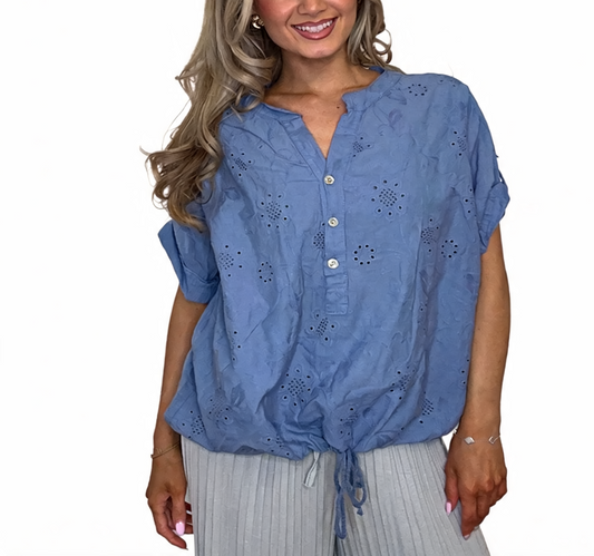 Broderie Anglaise Drawstring Hem Top | Eyelet Floral Button Front Blouse - Denim