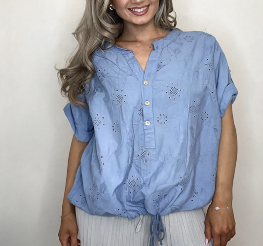 Broderie Anglaise Drawstring Hem Top | Eyelet Floral Button Front Blouse - Sky Blue