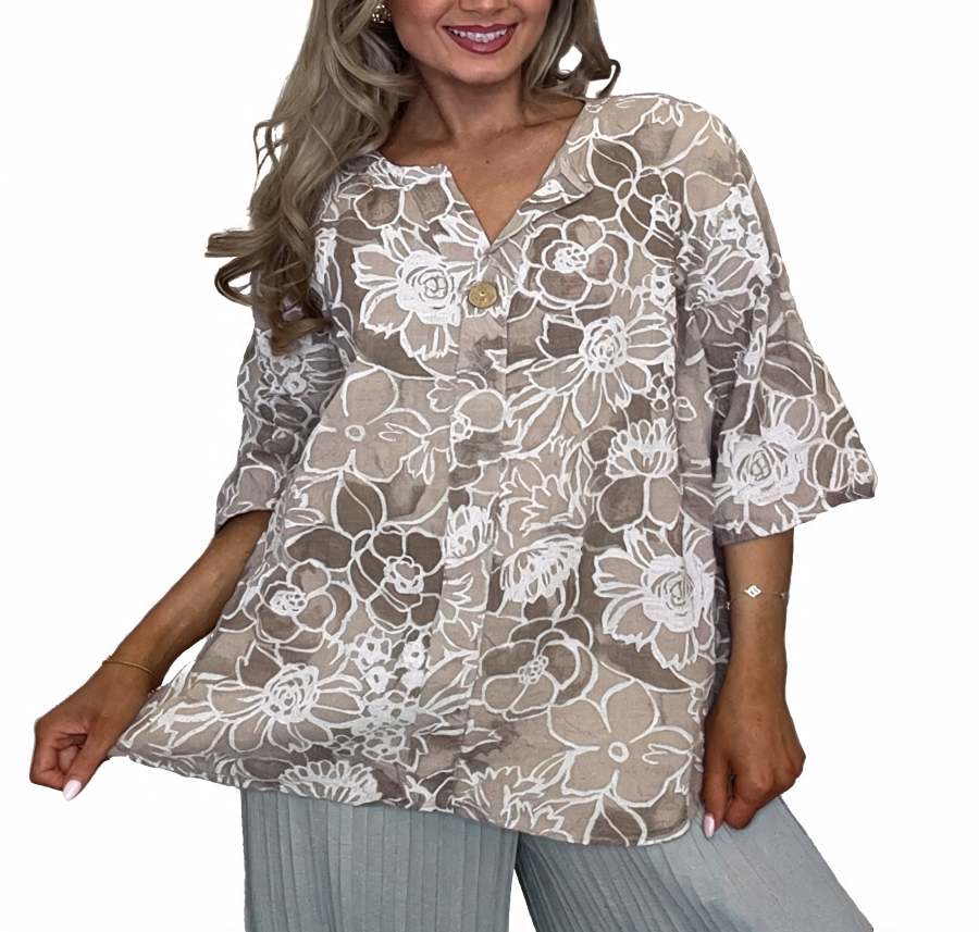 Floral Print Linen Blouse | Oversized Button Front Top - Beige
