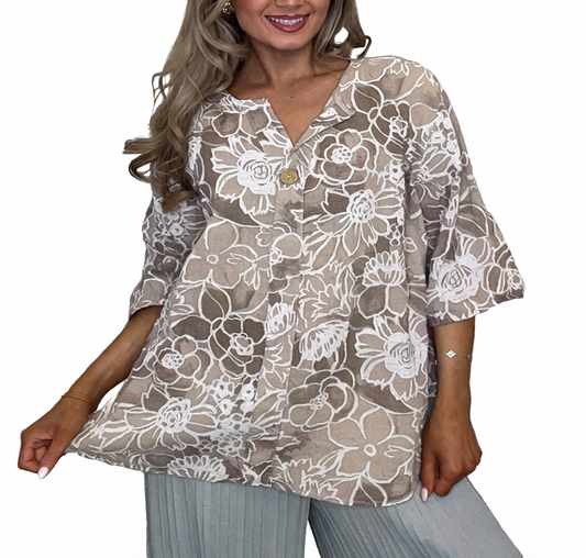 Floral Print Linen Blouse | Oversized Button Front Top - Beige