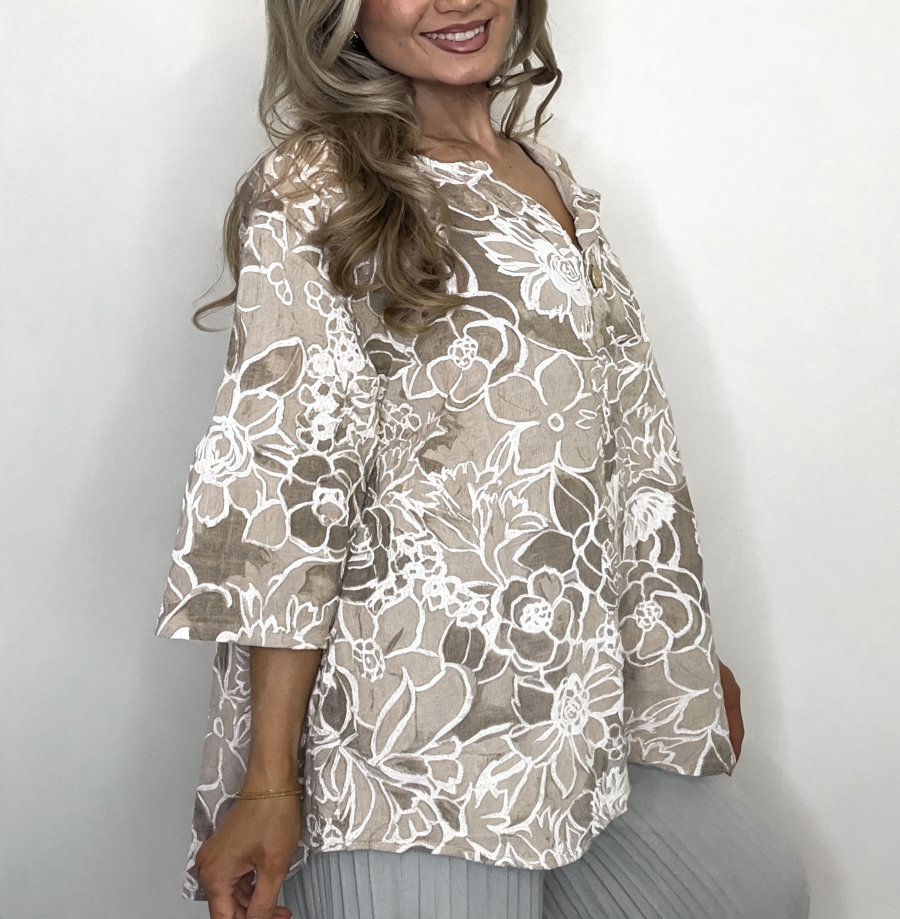 Floral Print Linen Blouse | Oversized Button Front Top - Beige