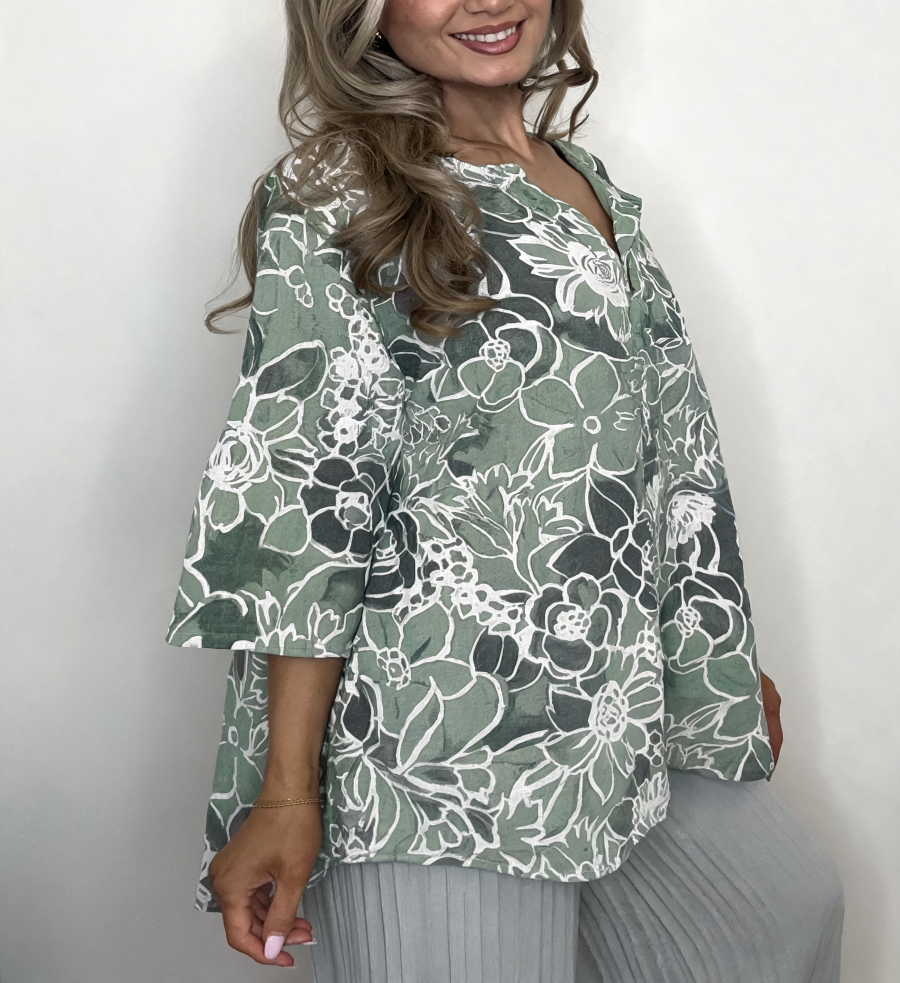 Floral Print Linen Blouse | Oversized Button Front Top - Khaki