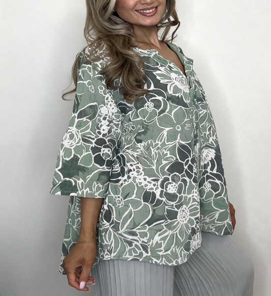 Floral Print Linen Blouse | Oversized Button Front Top - Khaki