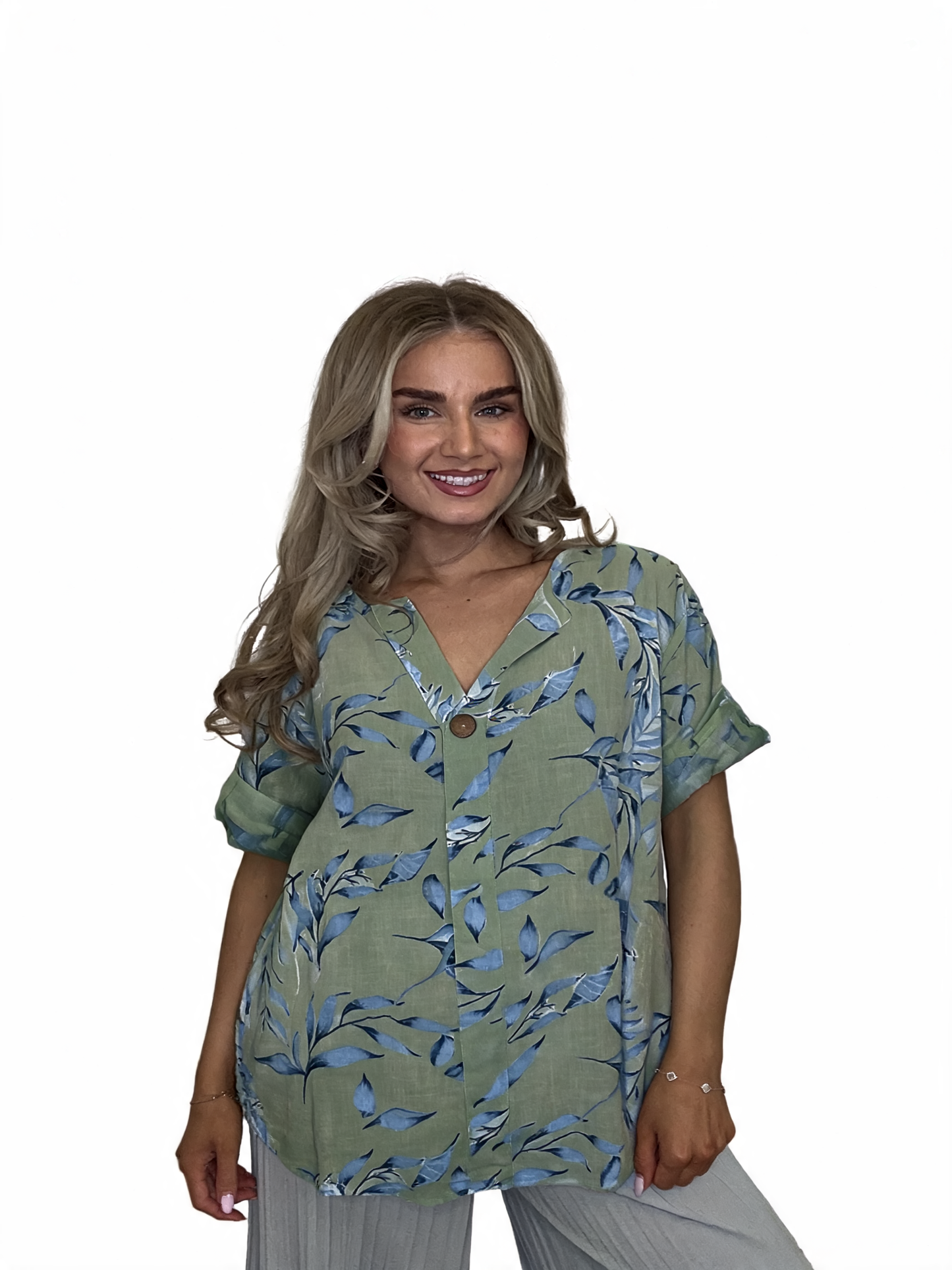 Leaf Print Linen Top | Oversized Wooden Button Blouse - Khaki