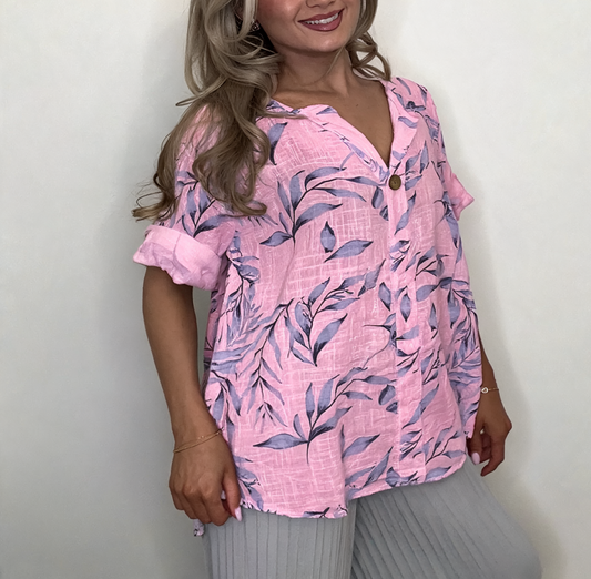 Leaf Print Linen Top | Oversized Wooden Button Blouse - Pink