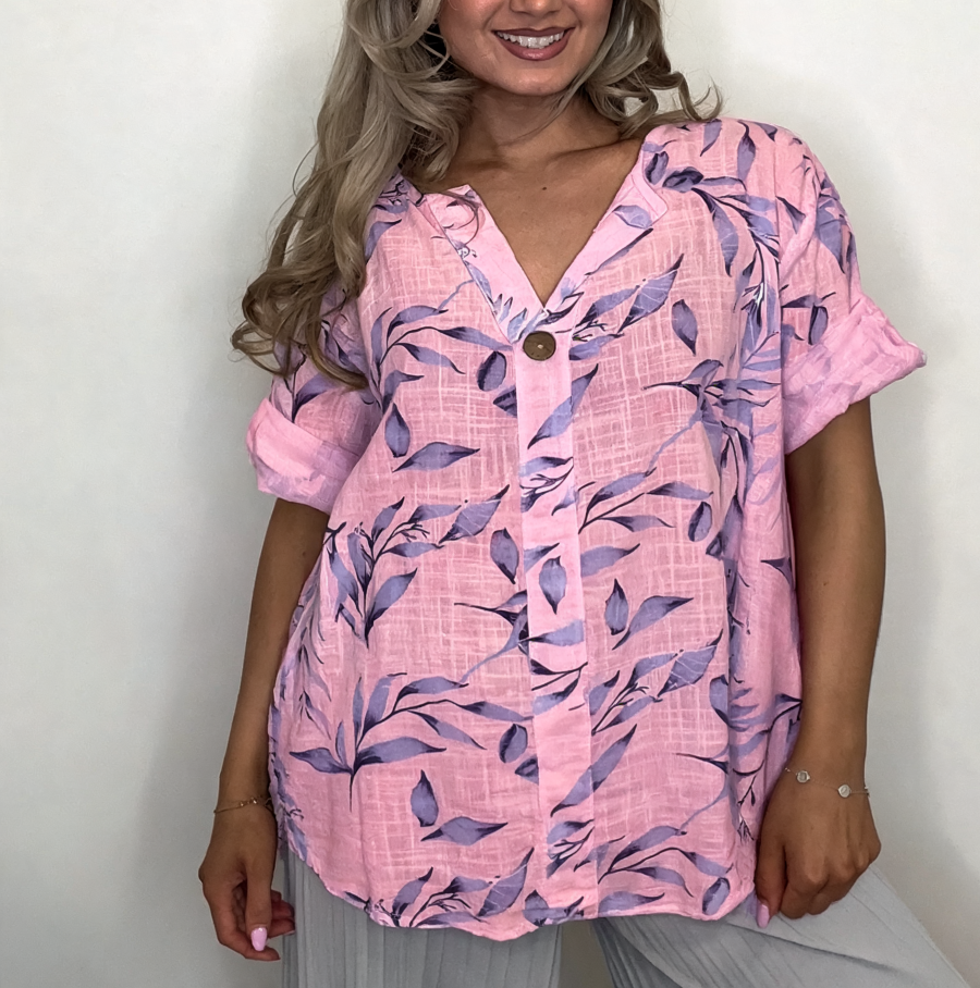 Leaf Print Linen Top | Oversized Wooden Button Blouse - Pink
