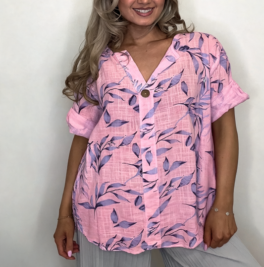 Leaf Print Linen Top | Oversized Wooden Button Blouse - Pink