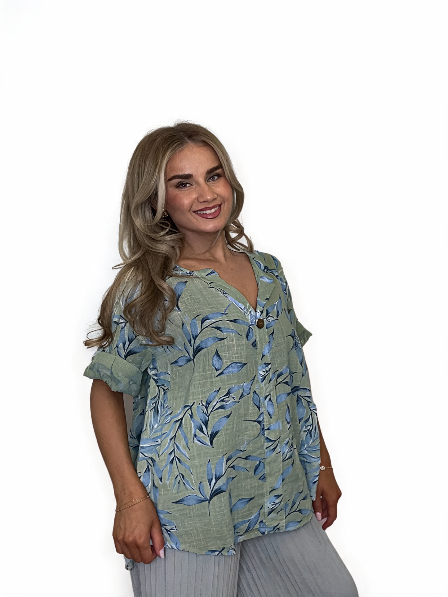 Leaf Print Linen Top | Oversized Wooden Button Blouse - Khaki