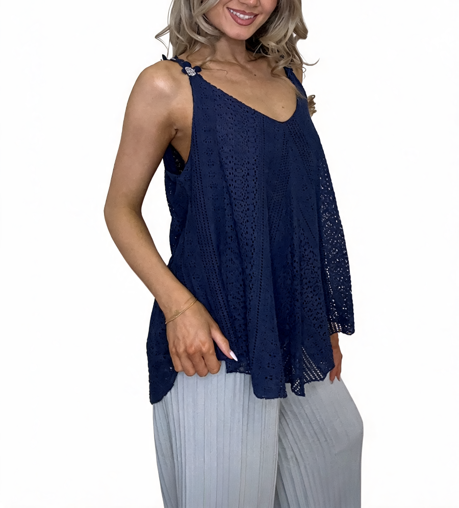 Lace Crochet Swing Cami Top | Diamante Flower Strap Vest - Navy