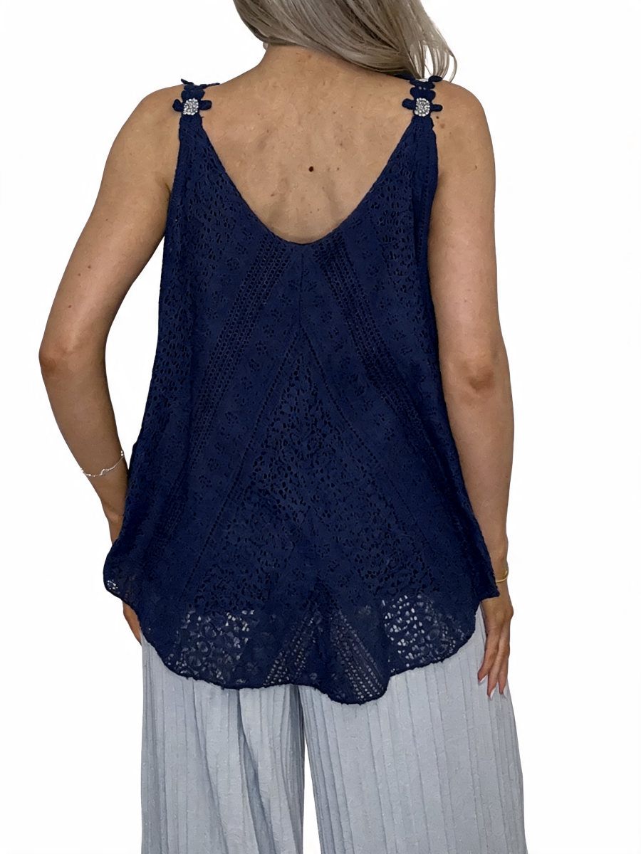 Lace Crochet Swing Cami Top | Diamante Flower Strap Vest - Navy