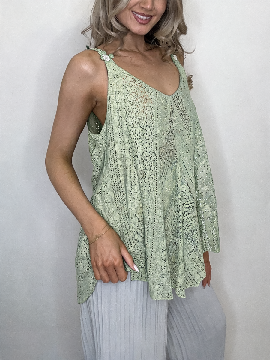 Lace Crochet Swing Cami Top | Diamante Flower Strap Vest - Khaki