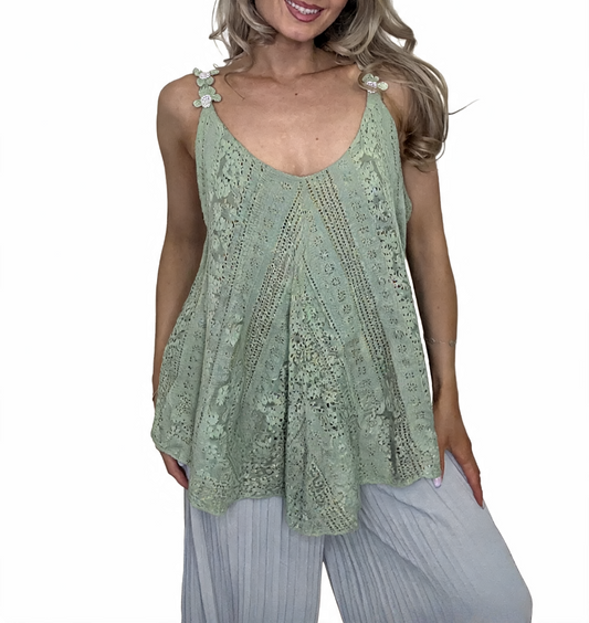 Lace Crochet Swing Cami Top | Diamante Flower Strap Vest - Khaki