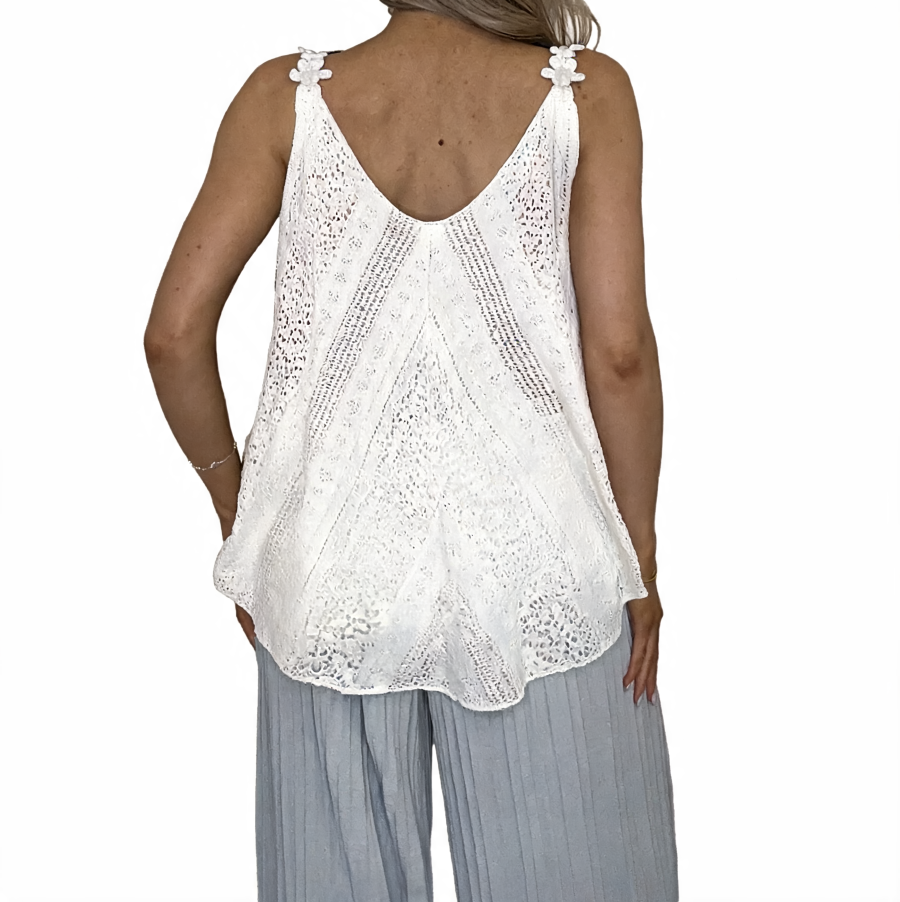 Lace Crochet Swing Cami Top | Diamante Flower Strap Vest - White