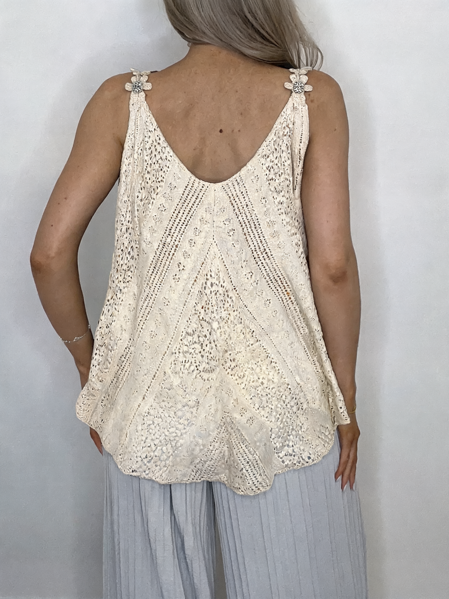 Lace Crochet Swing Cami Top | Diamante Flower Strap Vest - Beige