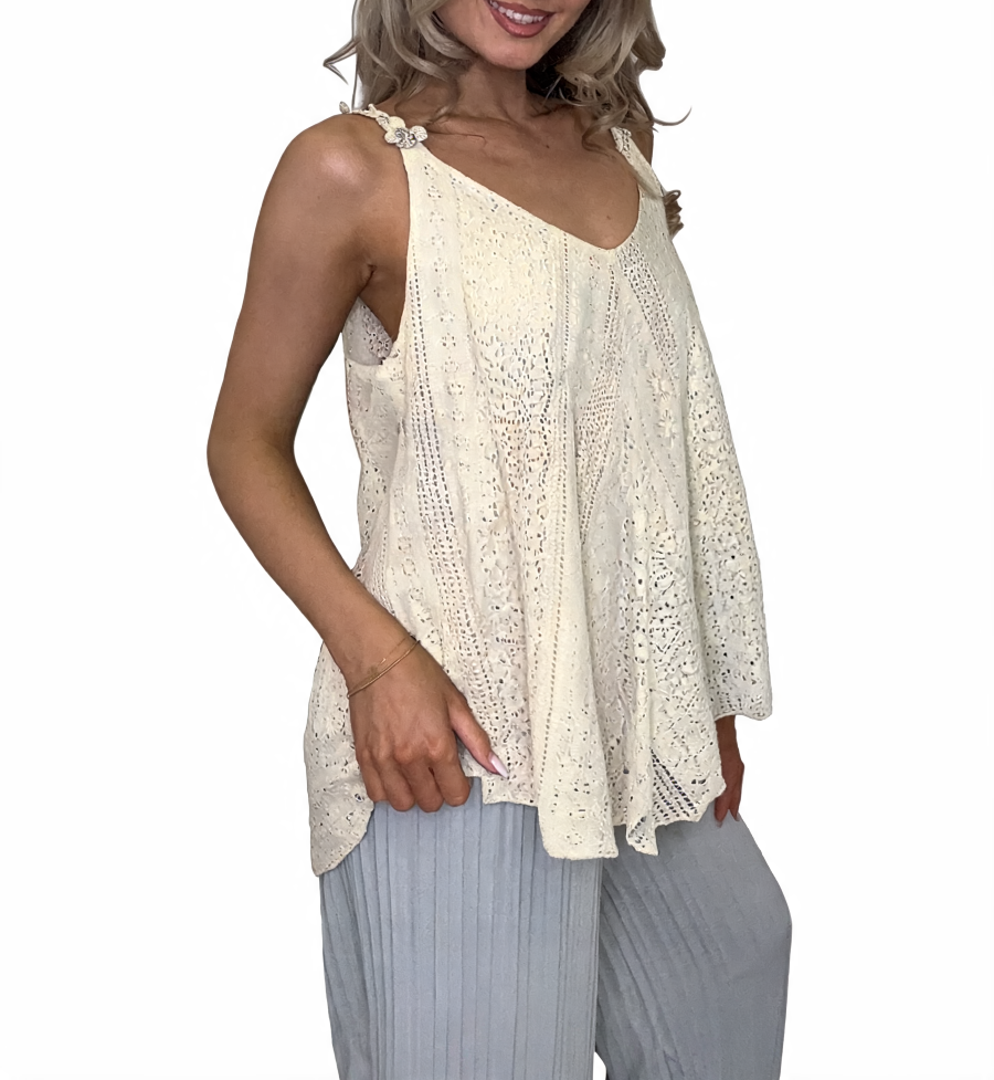 Lace Crochet Swing Cami Top | Diamante Flower Strap Vest - Beige