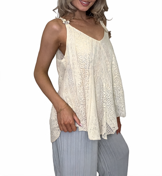 Lace Crochet Swing Cami Top | Diamante Flower Strap Vest - Beige