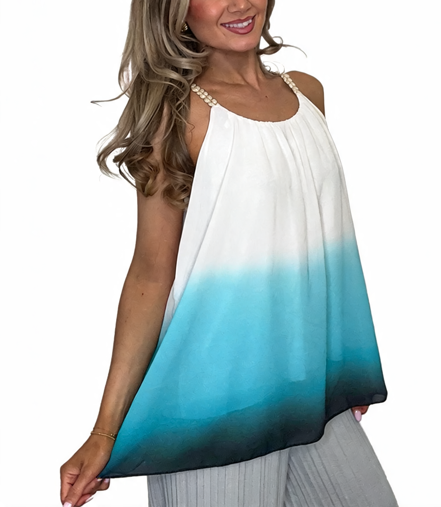 Ombre Dip Dye Halter Top | Beaded Strap Swing Cami - Sky Blue