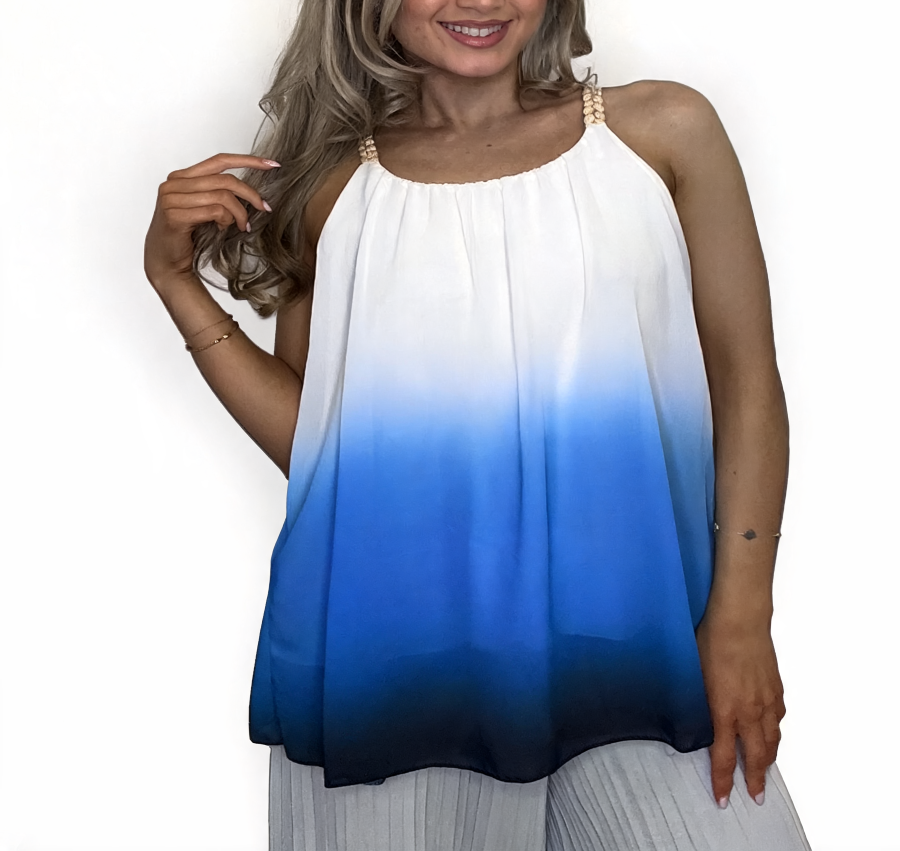 Ombre Dip Dye Halter Top | Beaded Strap Swing Cami - Denim