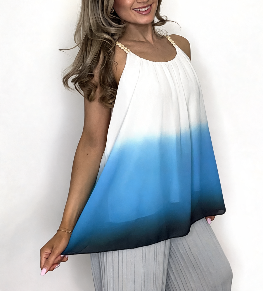 Ombre Dip Dye Halter Top | Beaded Strap Swing Cami - Denim