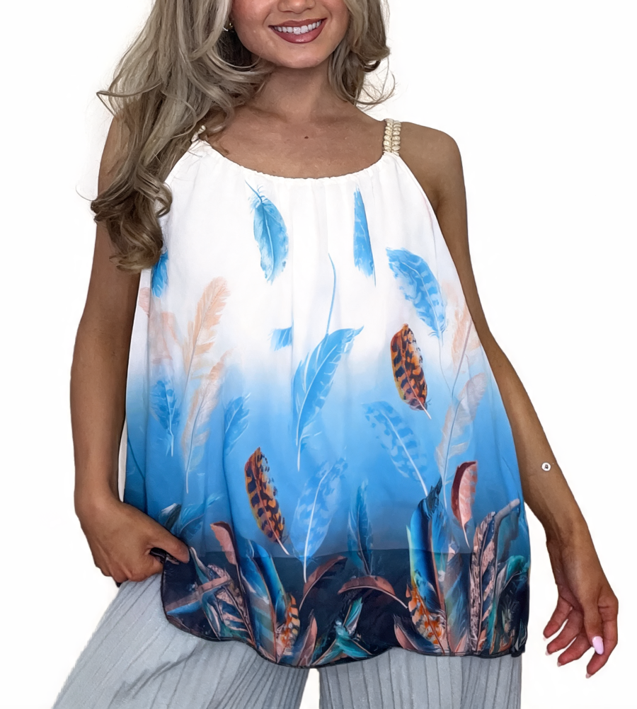 Tropical Feather Print Halter Top - Sky Blue
