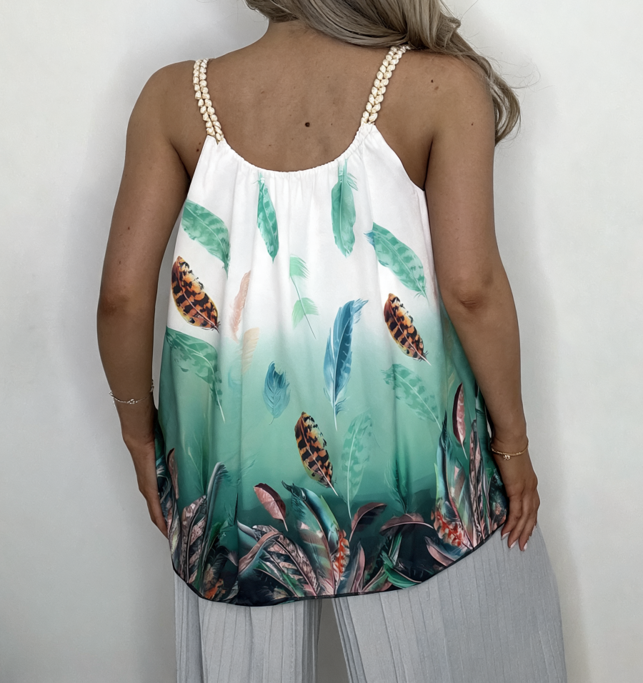 Tropical Feather Print Halter Top - Mint