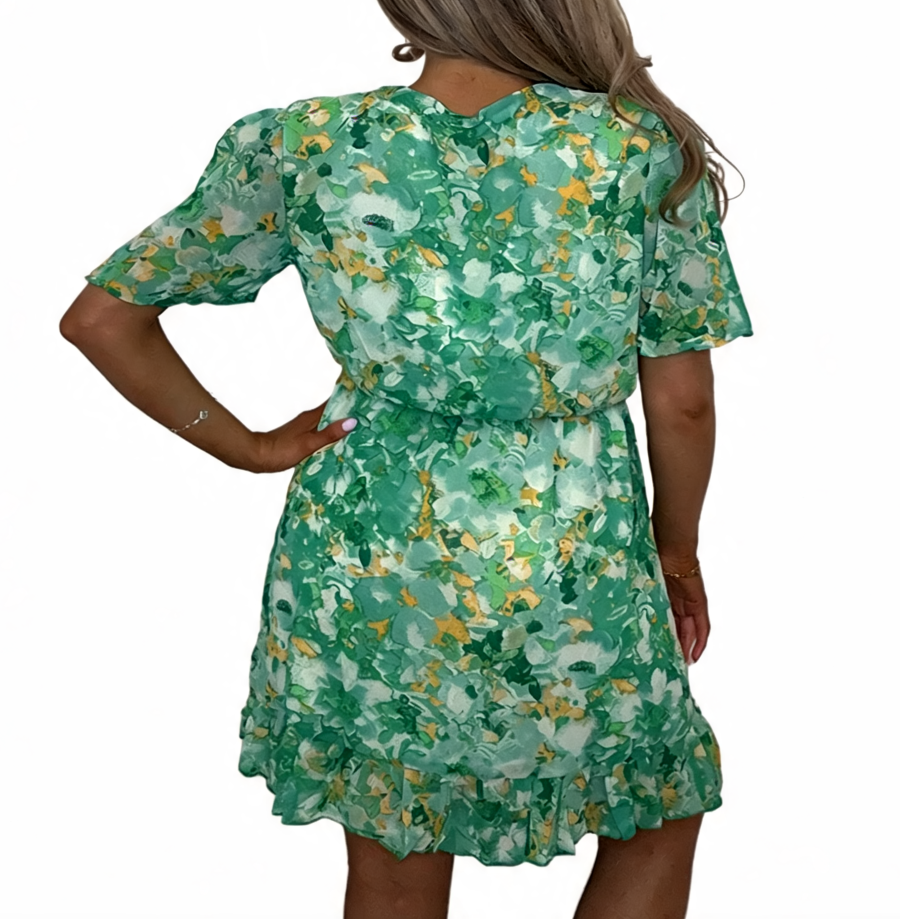 Abstract Floral Wrap Mini Dress – Green