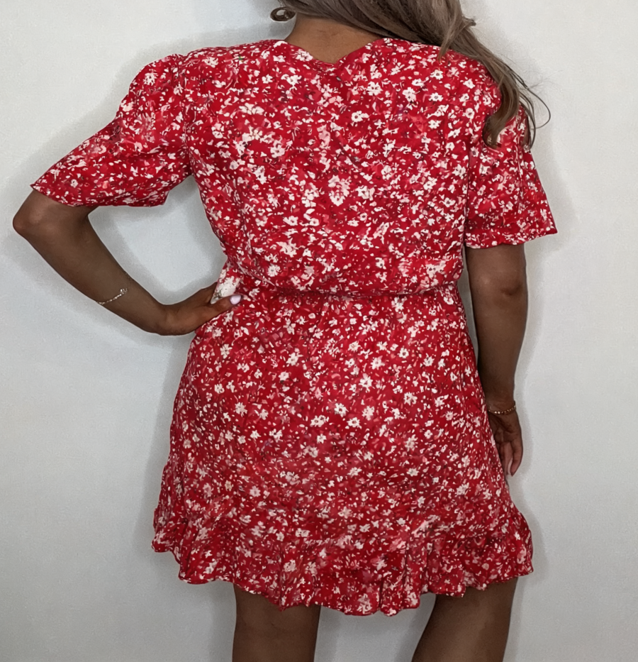 Ditsy Floral Wrap Mini Dress – Red