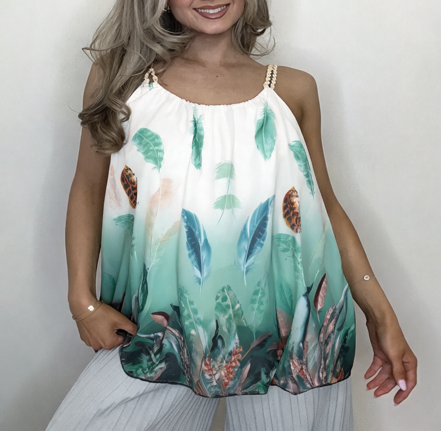 Tropical Feather Print Halter Top - Mint