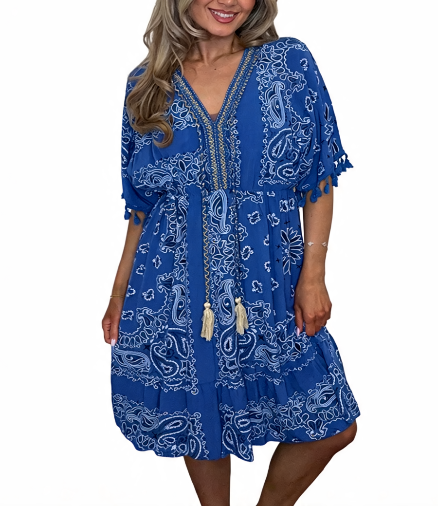 Paisley Print Boho Tassel Mini Dress – Royal Blue