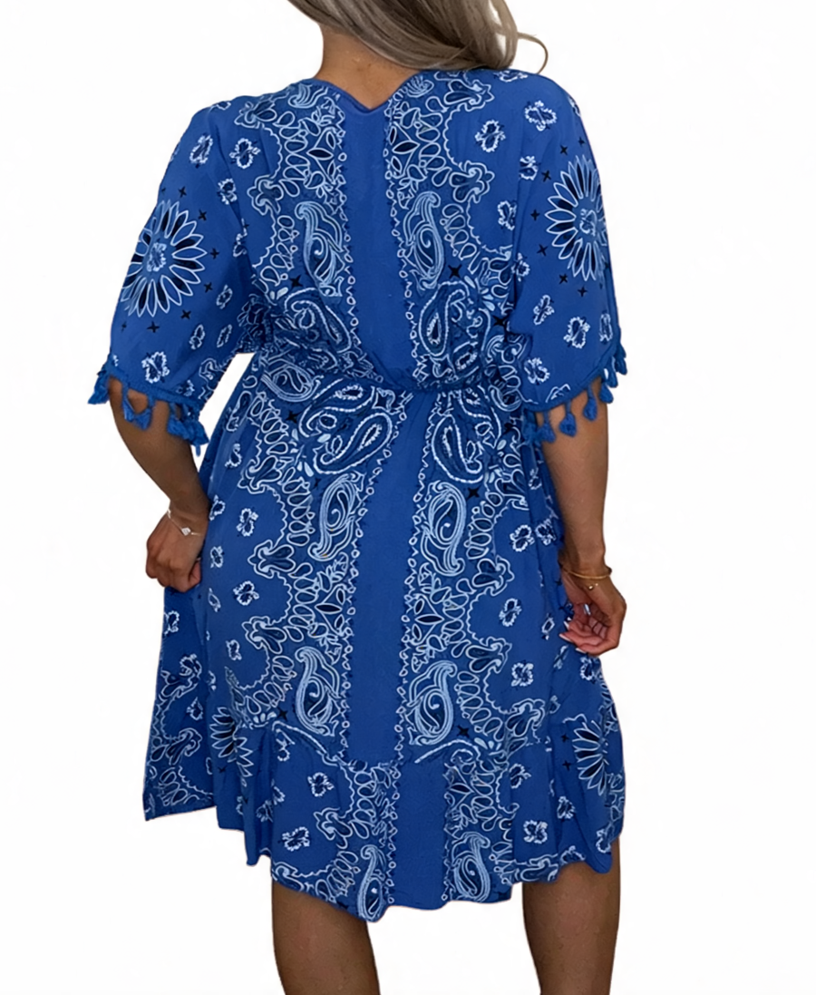 Paisley Print Boho Tassel Mini Dress – Royal Blue