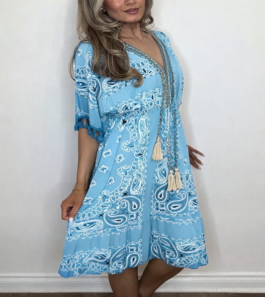 Paisley Print Boho Tassel Mini Dress – Turquoise