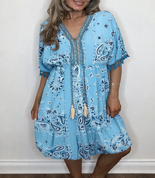 Paisley Print Boho Tassel Mini Dress – Turquoise