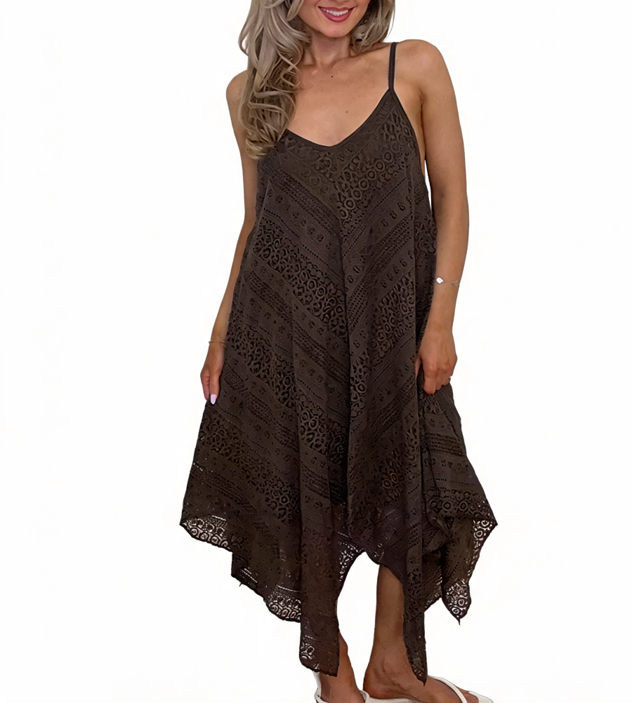 Broderie Anglaise Strappy Midi Dress – Chocolate Brown