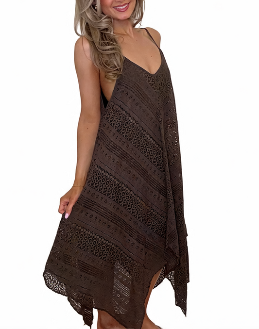 Broderie Anglaise Strappy Midi Dress – Chocolate Brown