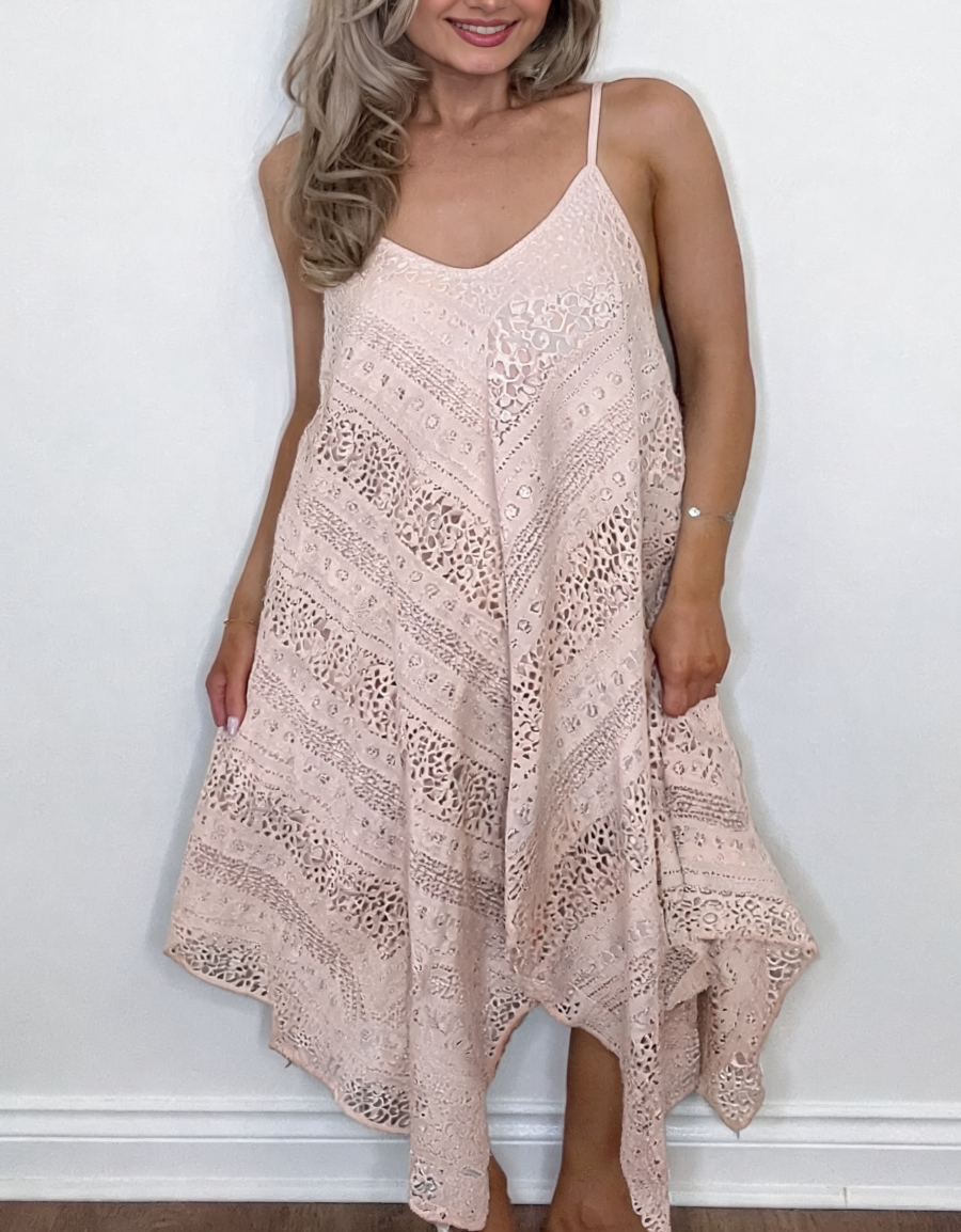 Broderie Anglaise Strappy Midi Dress – Beige