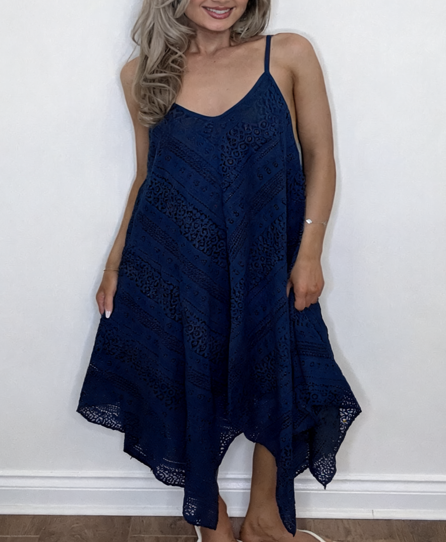 Broderie Anglaise Strappy Midi Dress – Navy