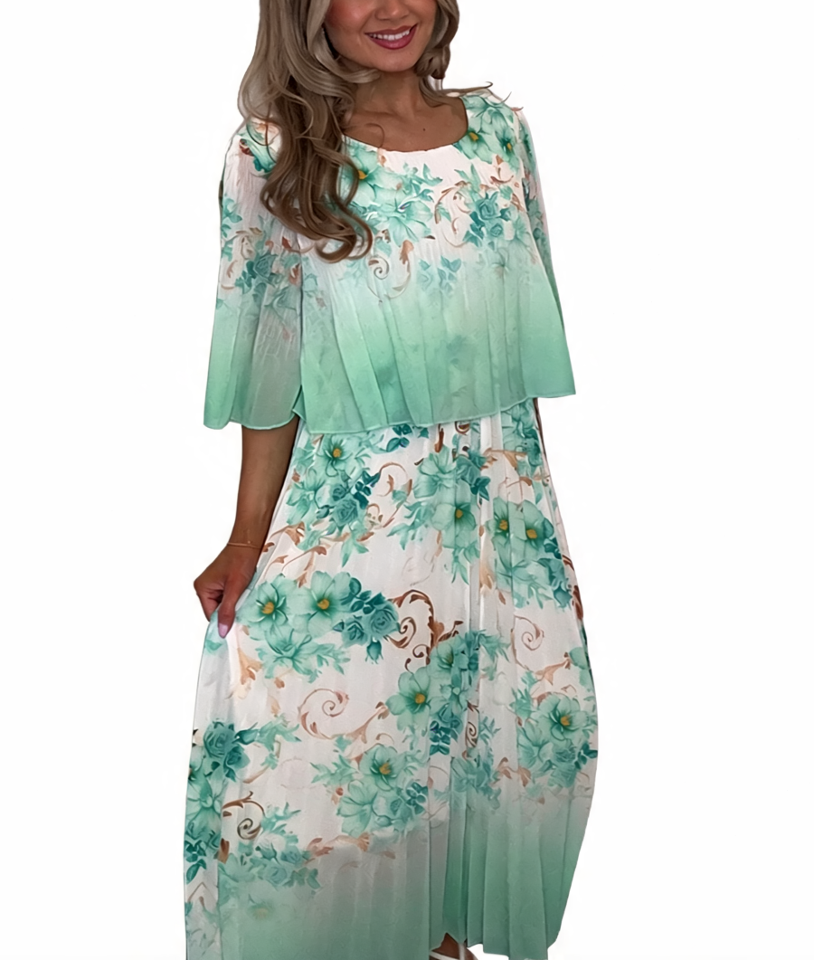 Floral Print Pleated Tiered Maxi Dress - Mint