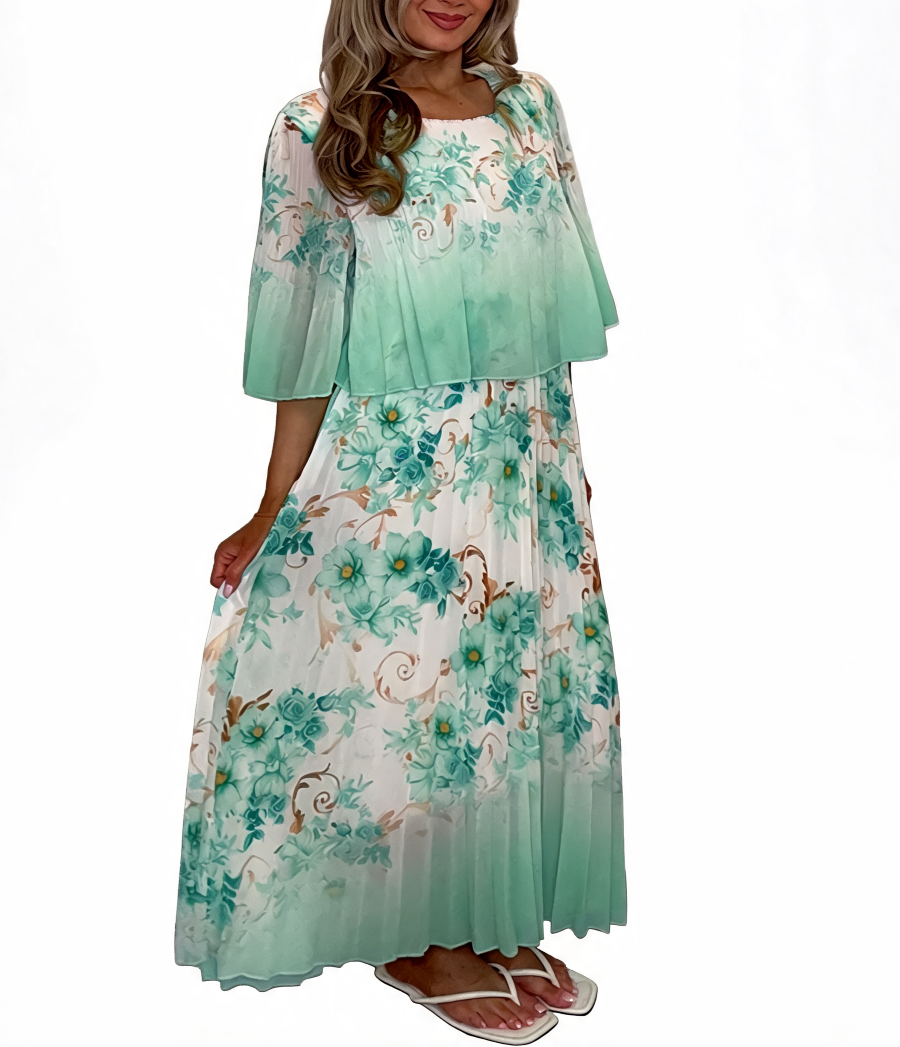Floral Print Pleated Tiered Maxi Dress - Mint