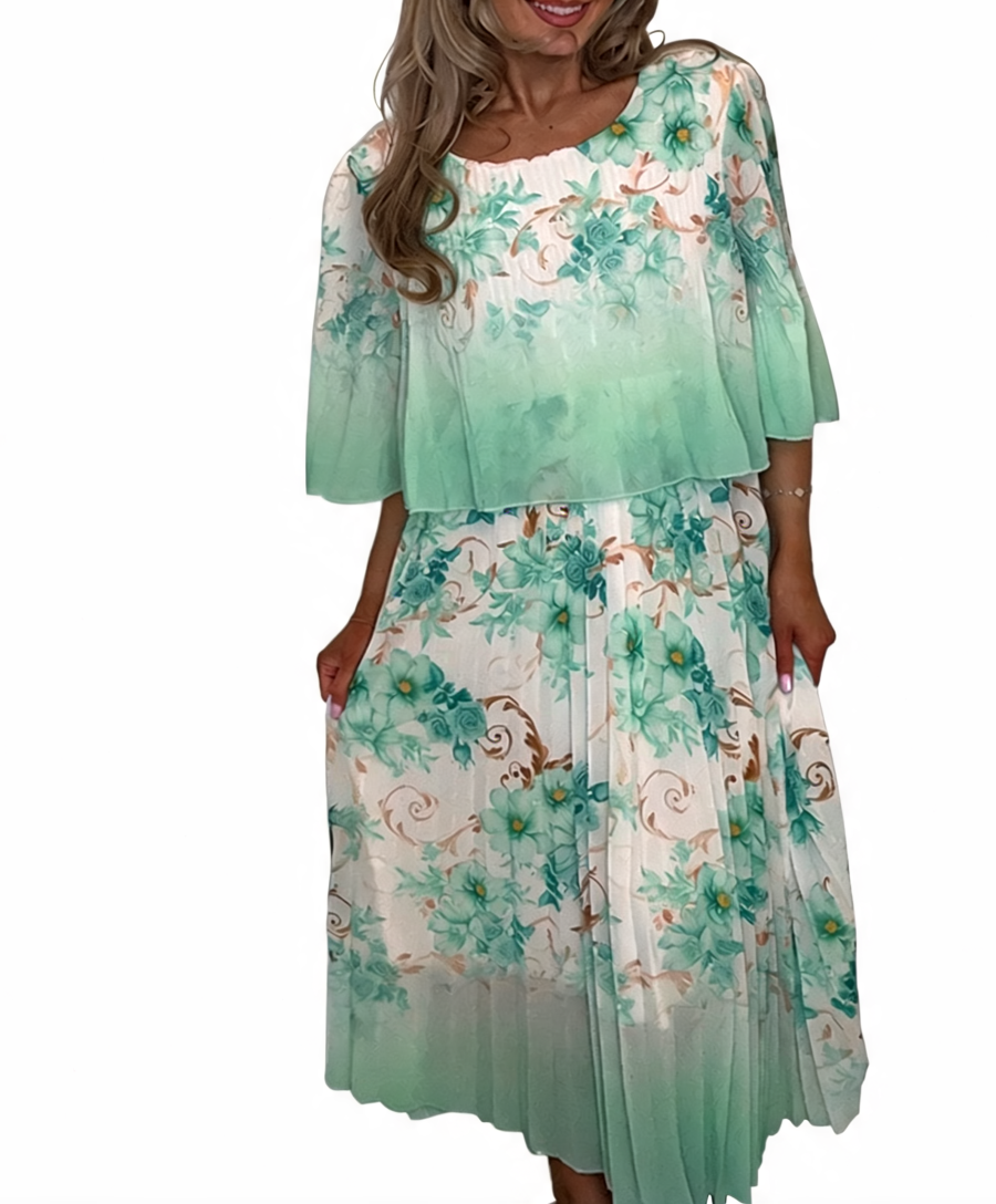 Floral Print Pleated Tiered Maxi Dress - Mint