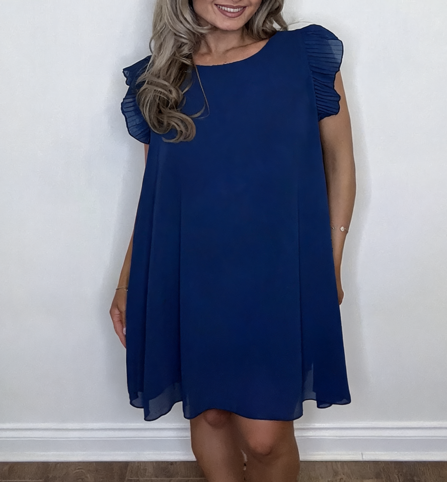 Chiffon Ruffle Sleeve Swing Dress - Navy
