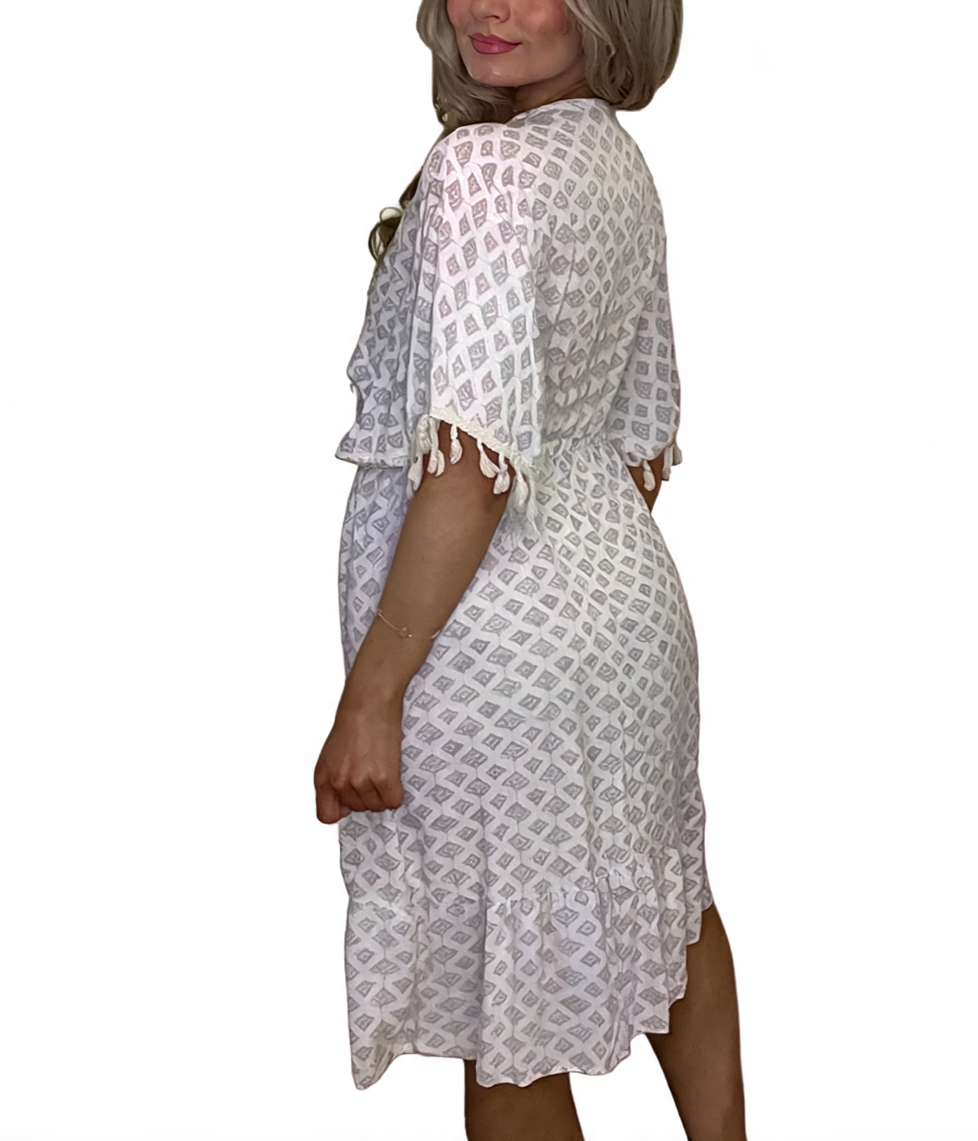 Geometric Print Tassel Tie Kaftan Dress - White
